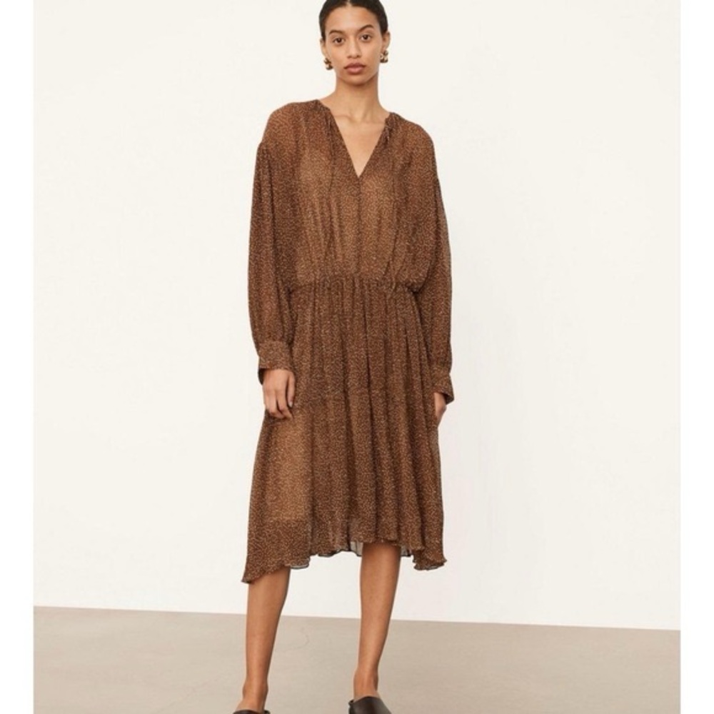 Vince NWT Starry Dot Long Sleeve Shirred Midi Chiffon Career Dress M Retail 495